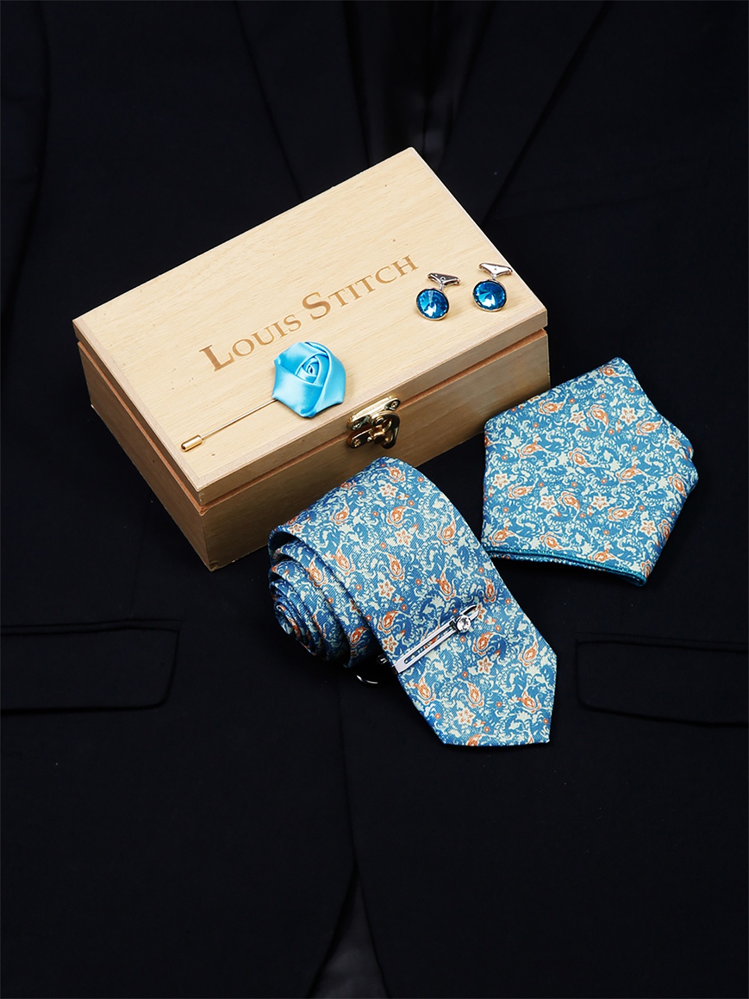 

LOUIS STITCH Men Italian Silk Formal Necktie Tie Accessory Gift Set, Blue