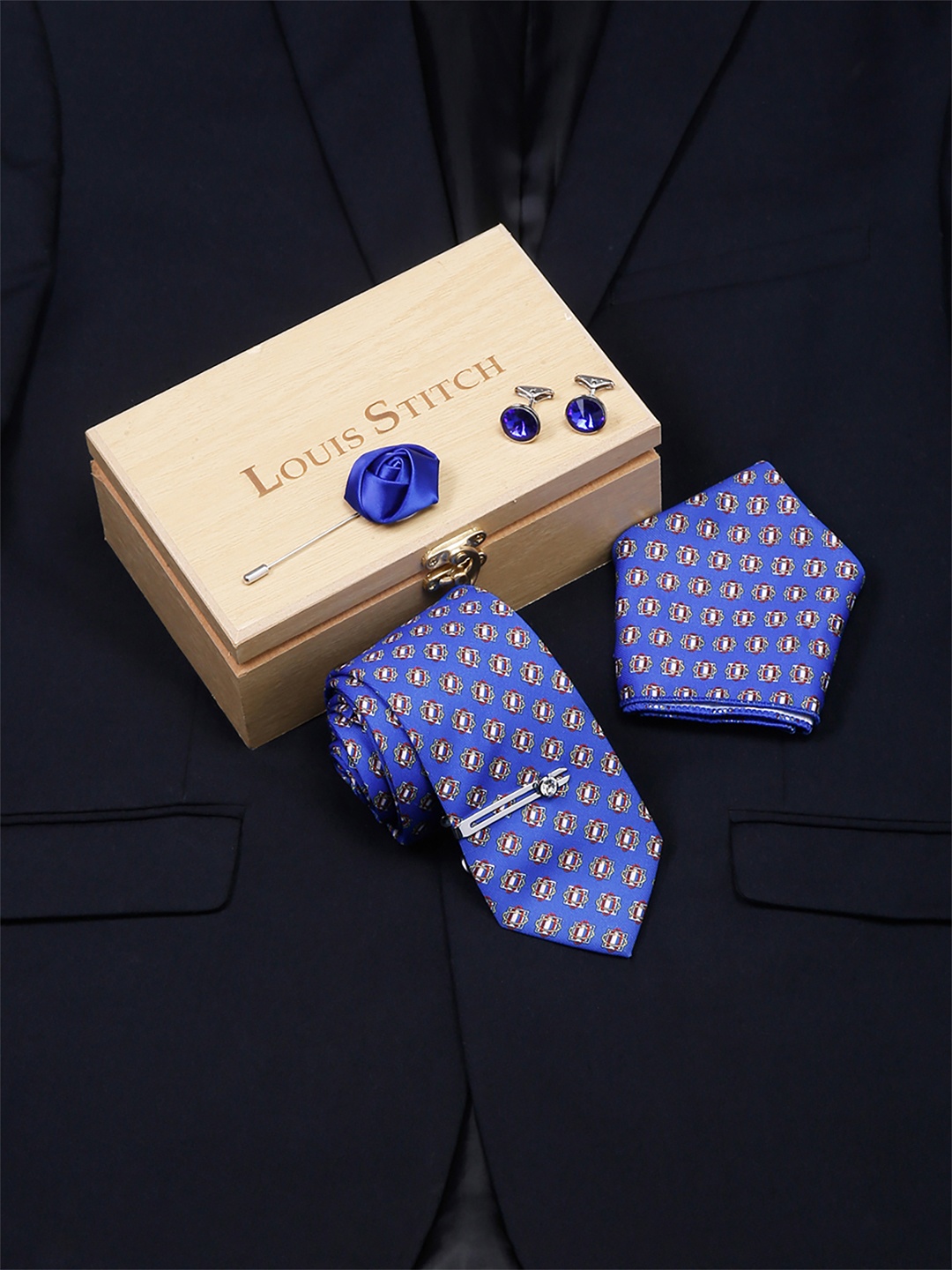 

LOUIS STITCH Men Italian Silk Formal Necktie Tie Accessory Gift Set, Blue