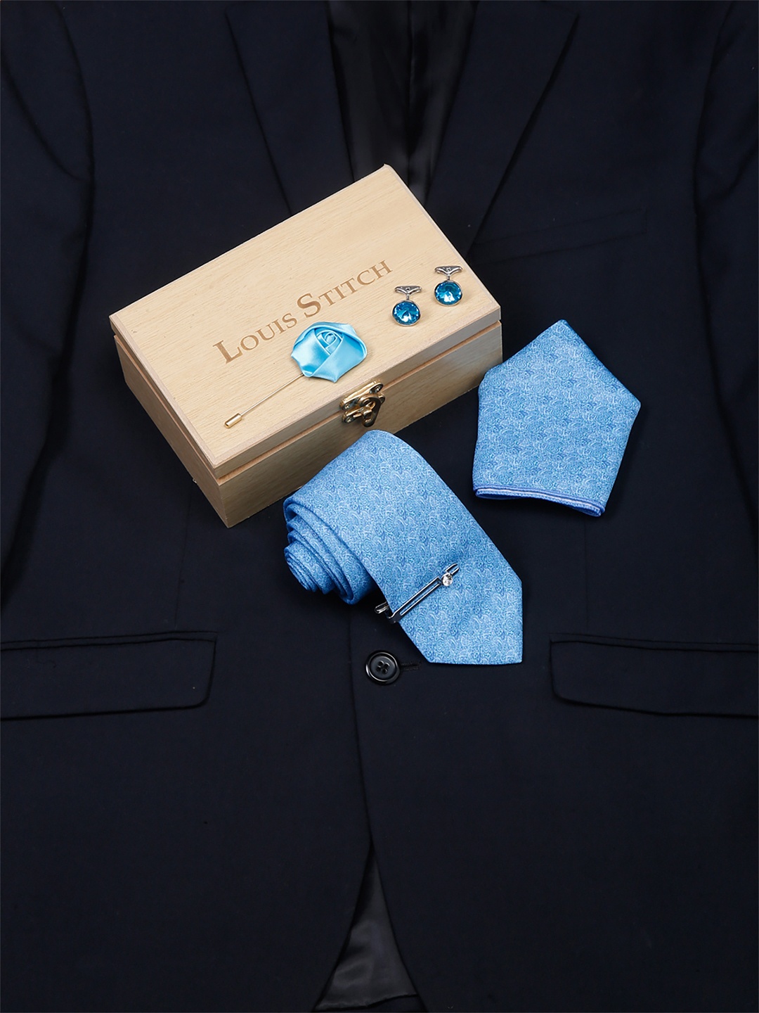 

LOUIS STITCH Men Italian Silk Formal Necktie Tie Accessory Gift Set, Blue