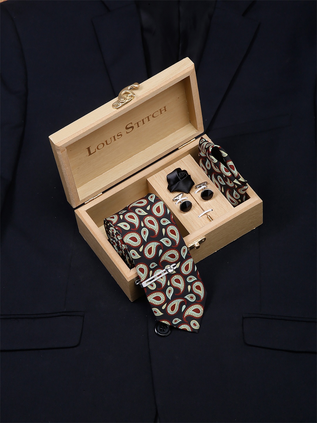LOUIS STITCH Men Italian Silk Formal Accessory Gift Set, Black