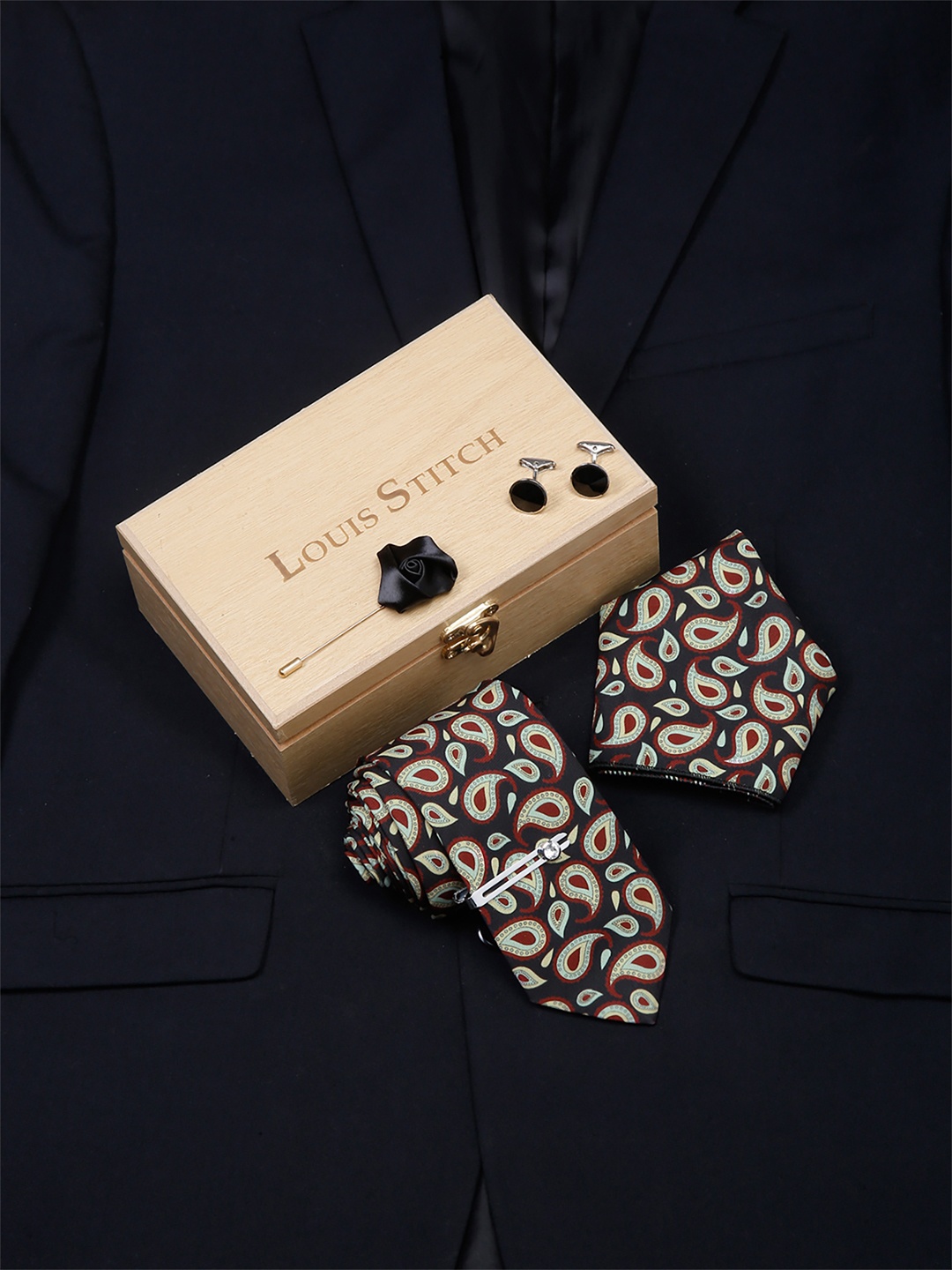 

LOUIS STITCH Men Italian Silk Formal Accessory Gift Set, Black