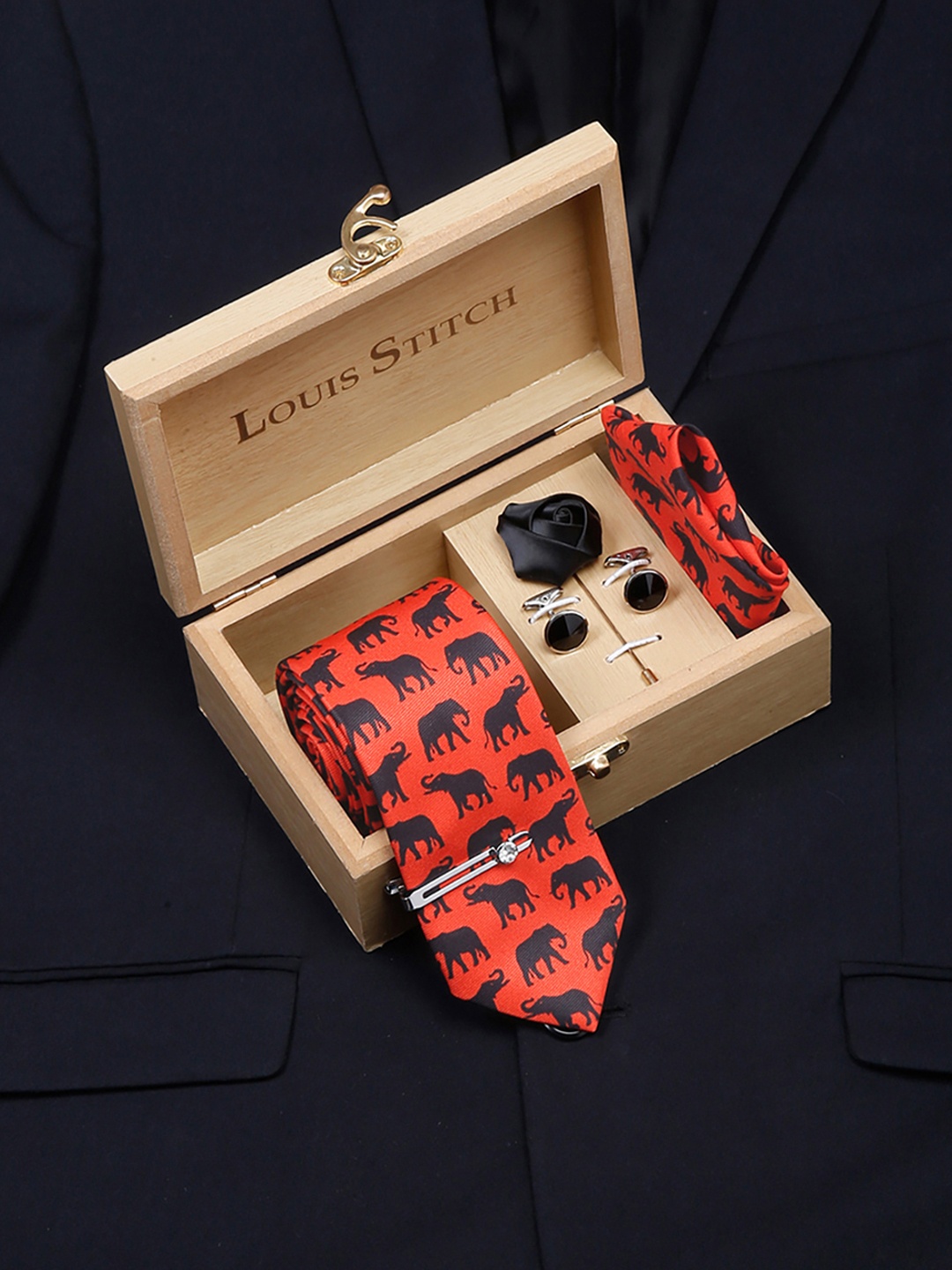 

LOUIS STITCH Men Italian Silk Formal Necktie Tie Accessory Gift Set, Red