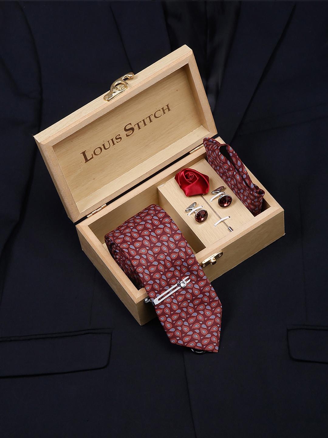 LOUIS STITCH Men Italian Silk Formal Accessory Gift Set, Red