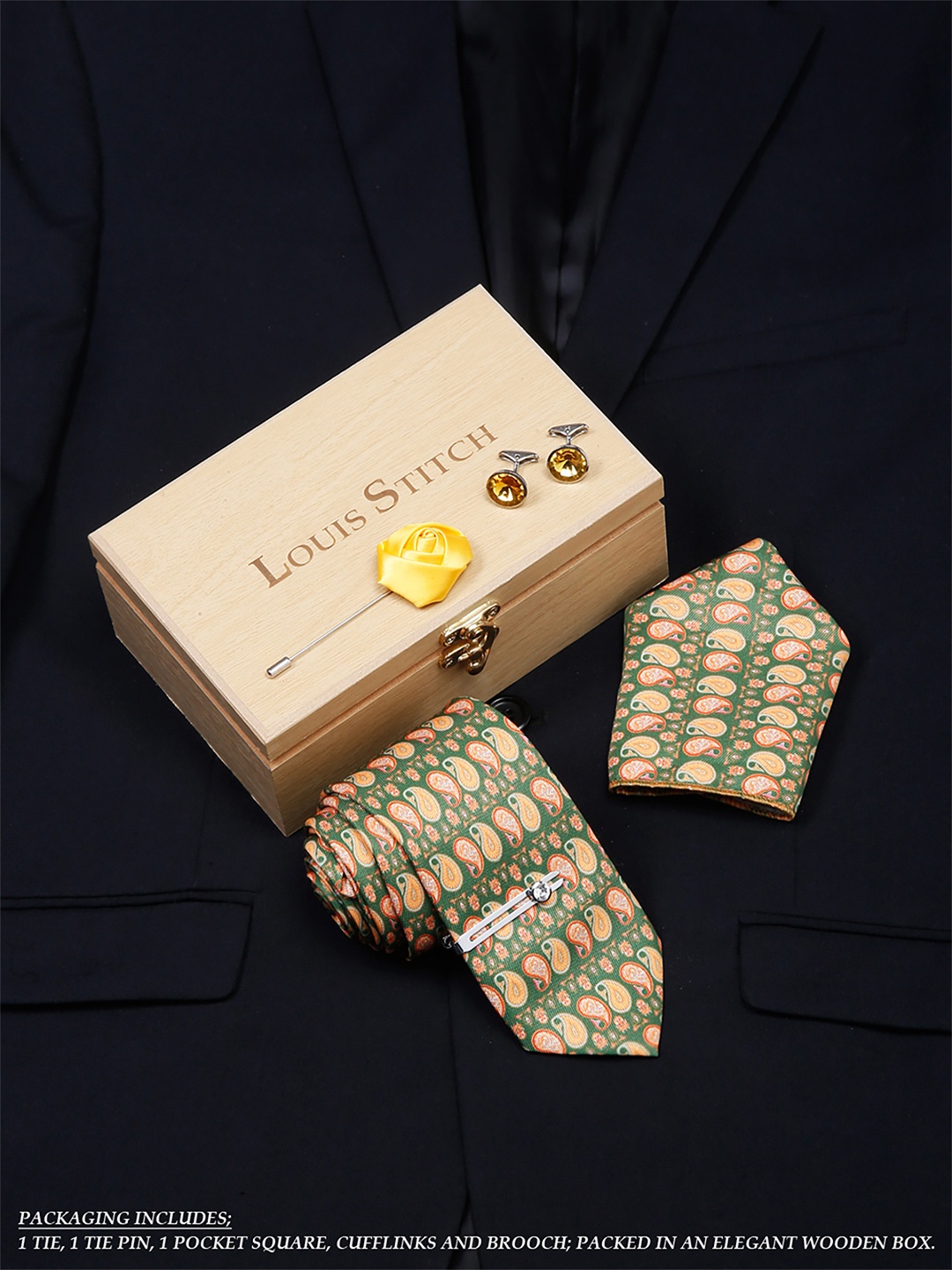 

LOUIS STITCH Men Italian Silk Formal Accessory Gift Set, Green