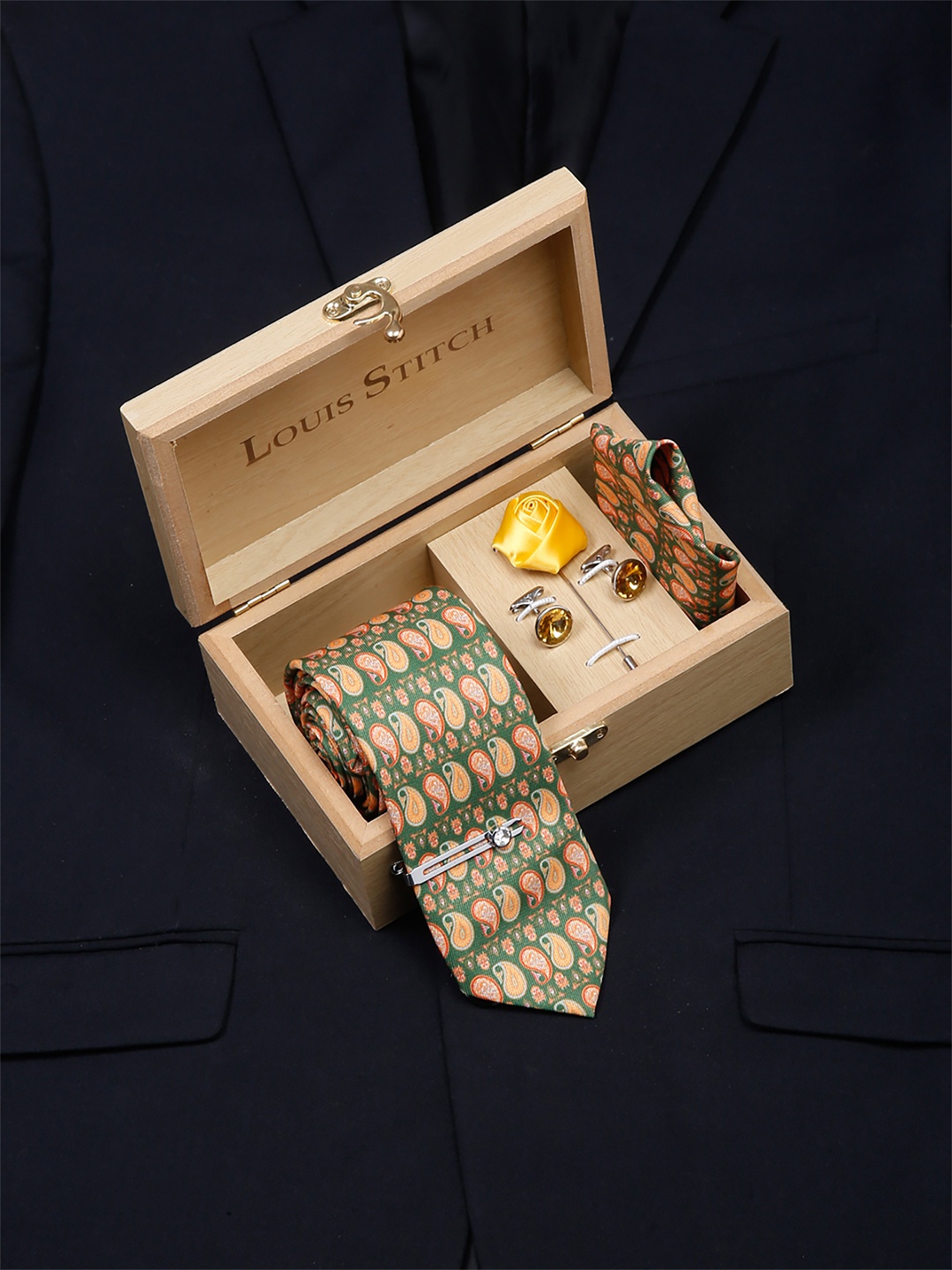 

LOUIS STITCH Men Italian Silk Formal Accessory Gift Set, Green