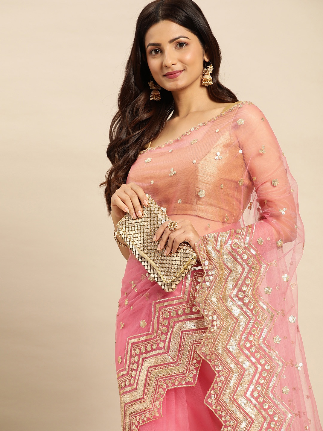 

kasee Embellished Ethnic Motifs Sequinned Net Saree, Pink