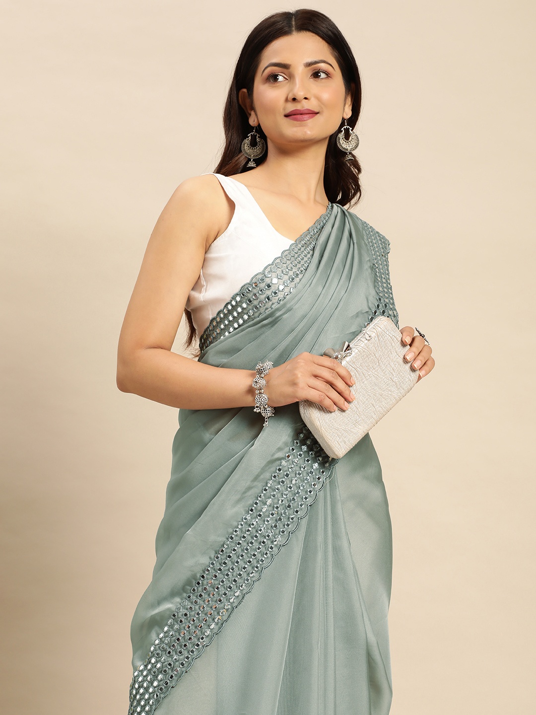 kasee Embellished Mirror Work Satin Saree, Grey