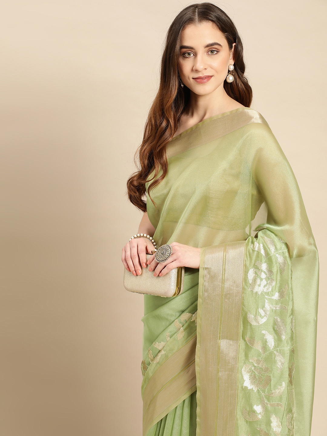 kasee Floral Sequinned Pure Georgette Saree, Green