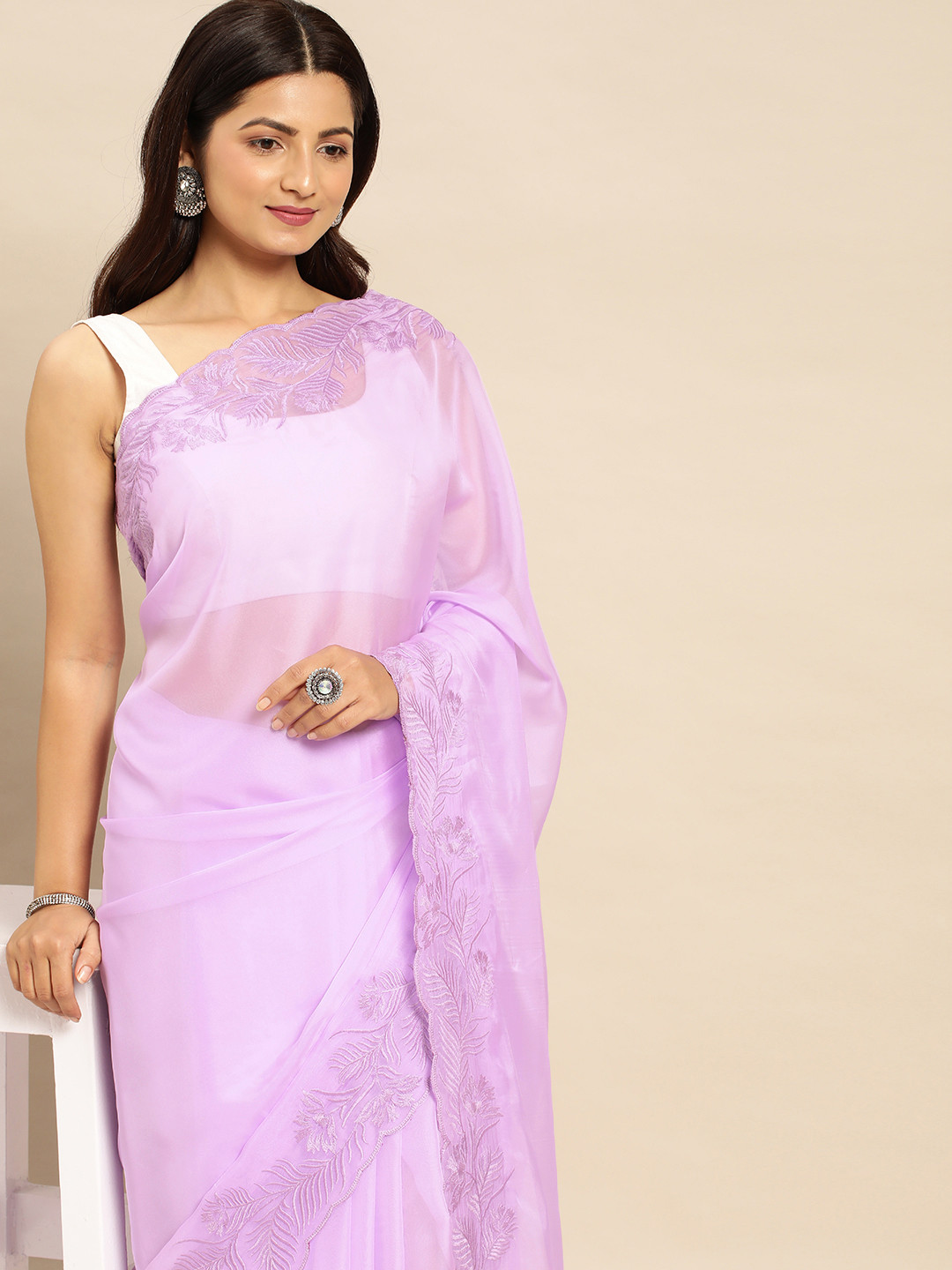 

kasee Embroidered Satin Saree, Lavender