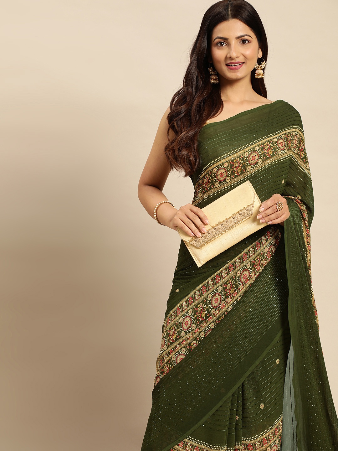 

kasee Embellished Ethnic Motifs Sequinned Satin Saree, Green