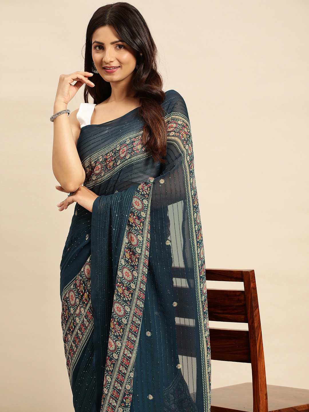 

kasee Embellished Ethnic Motifs Sequinned Satin Saree, Blue
