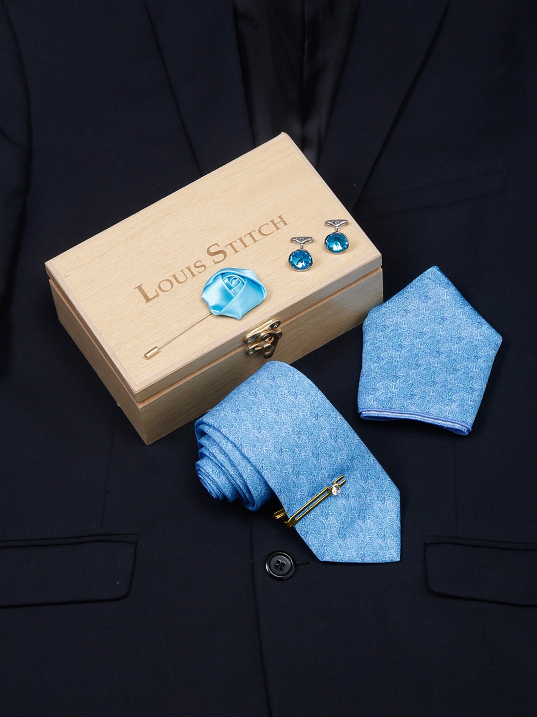 

LOUIS STITCH Men Italian Silk Formal Necktie Tie Accessory Gift Set, Blue