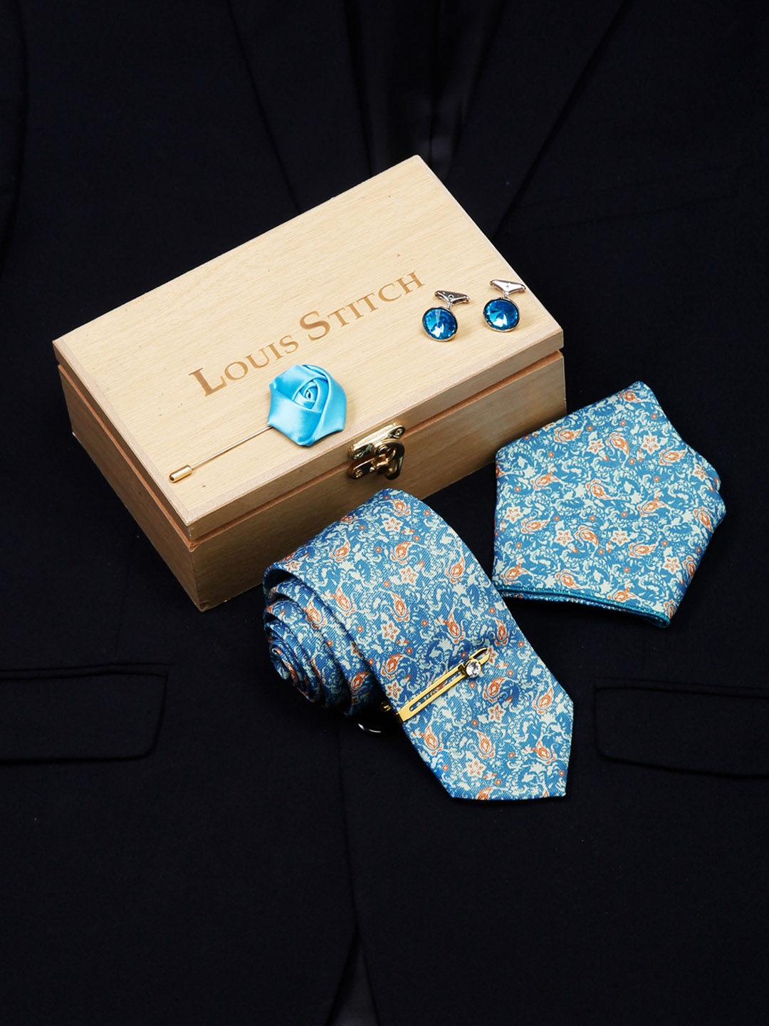 

LOUIS STITCH Men Italian Silk Formal Accessory Gift Set, Blue
