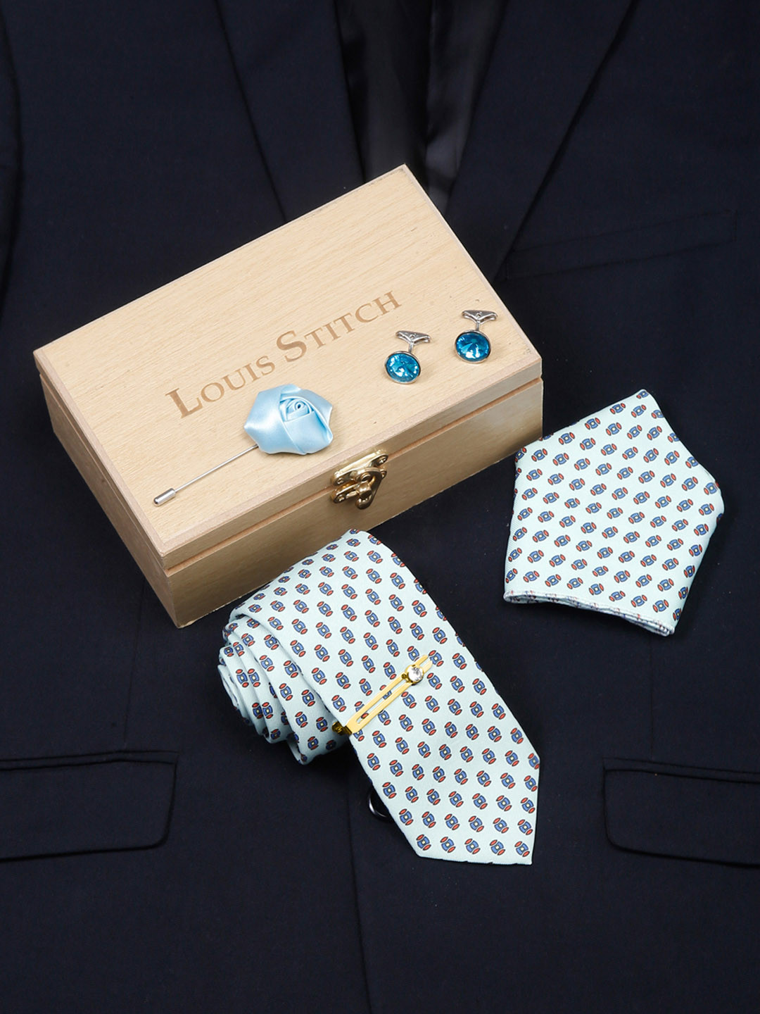 

LOUIS STITCH Men Italian Silk Formal Accessory Gift Set, Blue