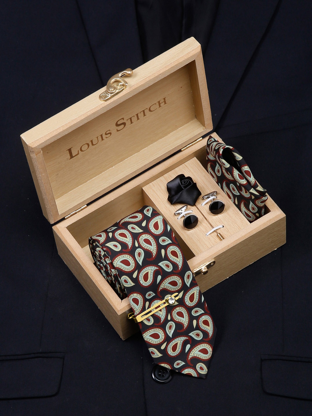 

LOUIS STITCH Men Italian Silk Formal Necktie Tie Accessory Gift Set, Black