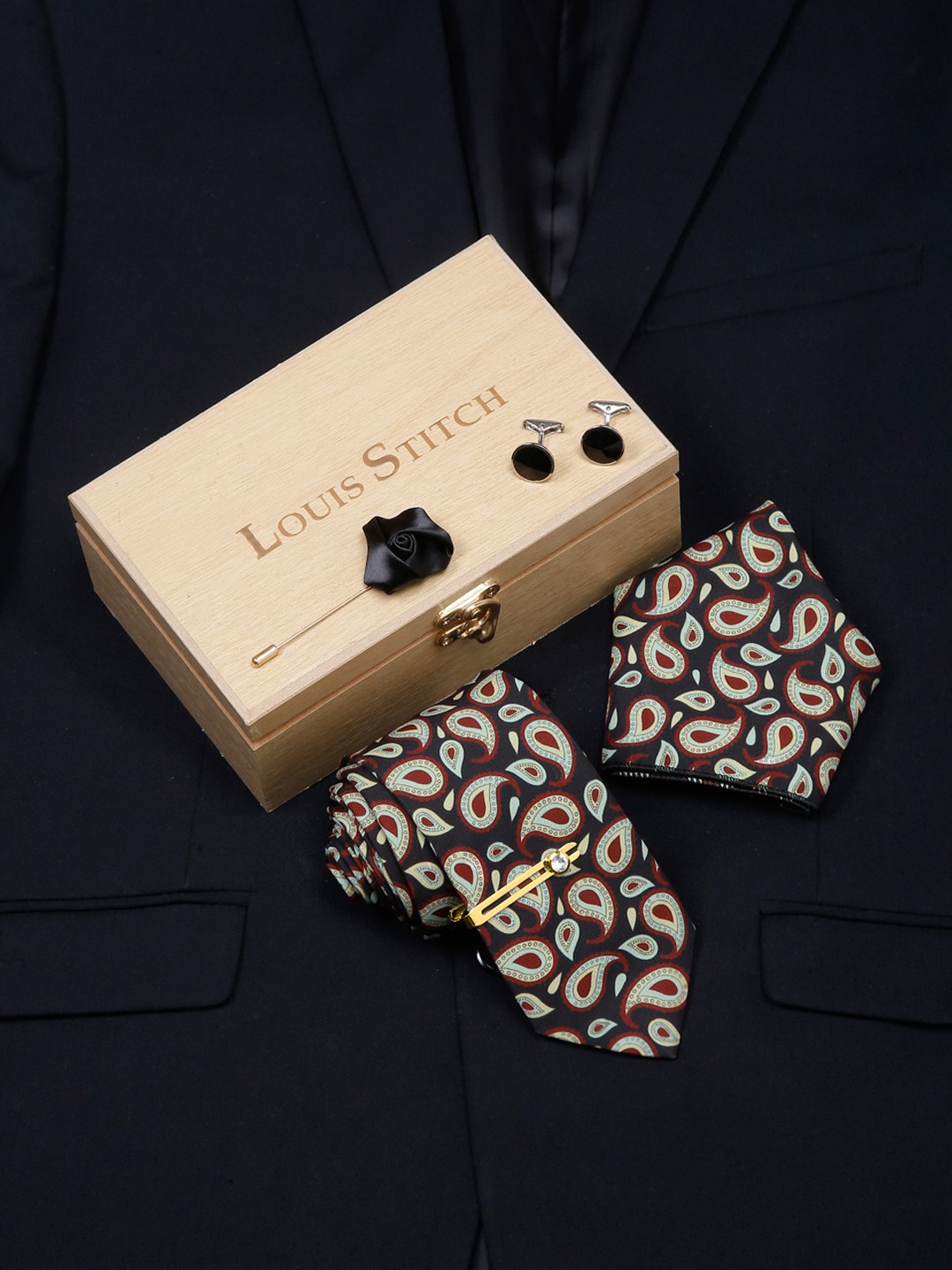 

LOUIS STITCH Men Italian Silk Formal Accessory Gift Set, Black