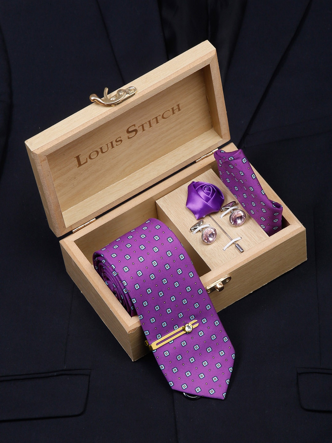 

LOUIS STITCH Men Italian Silk Formal Necktie Tie Accessory Gift Set, Purple