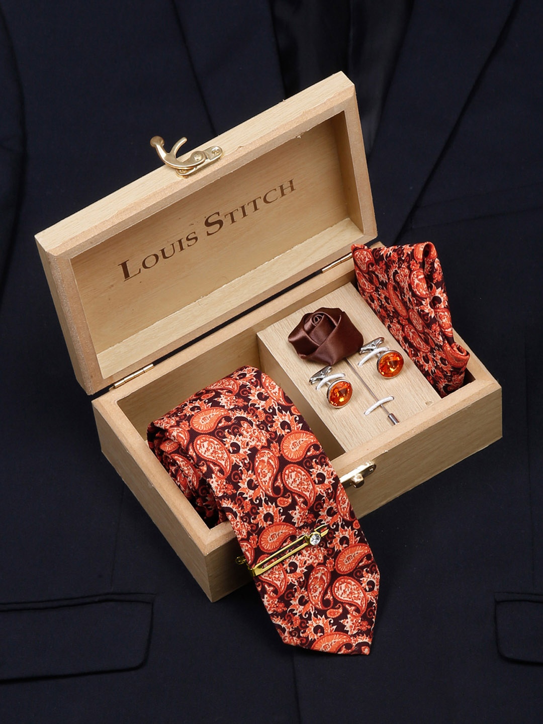 LOUIS STITCH Men Italian Silk Formal Accessory Gift Set, Orange