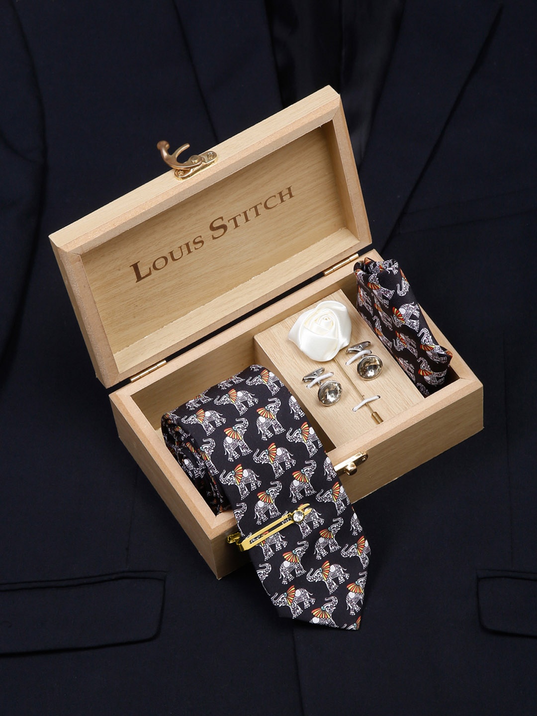 

LOUIS STITCH Men Italian Silk Formal Necktie Tie Accessory Gift Set, Black
