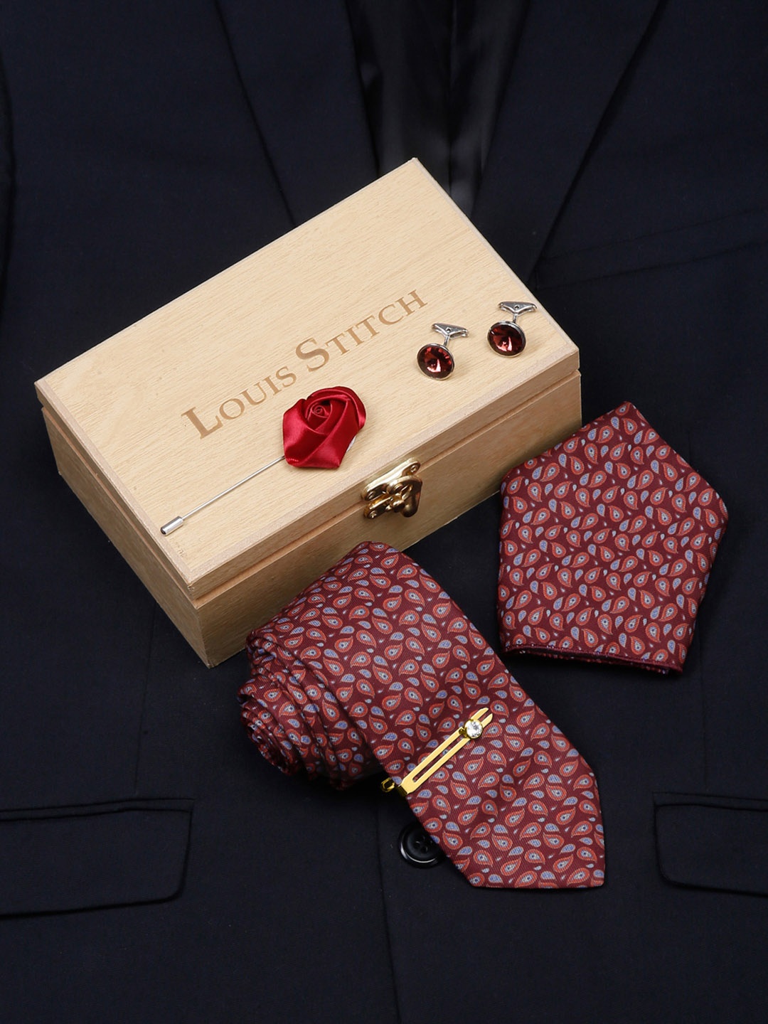 

LOUIS STITCH Men Italian Silk Formal Accessory Gift Set, Red