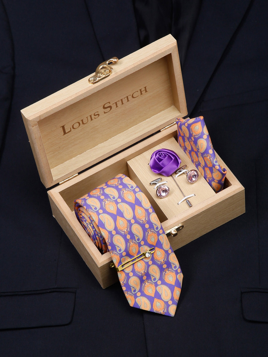 

LOUIS STITCH Men Italian Silk Formal Accessory Gift Set, Purple