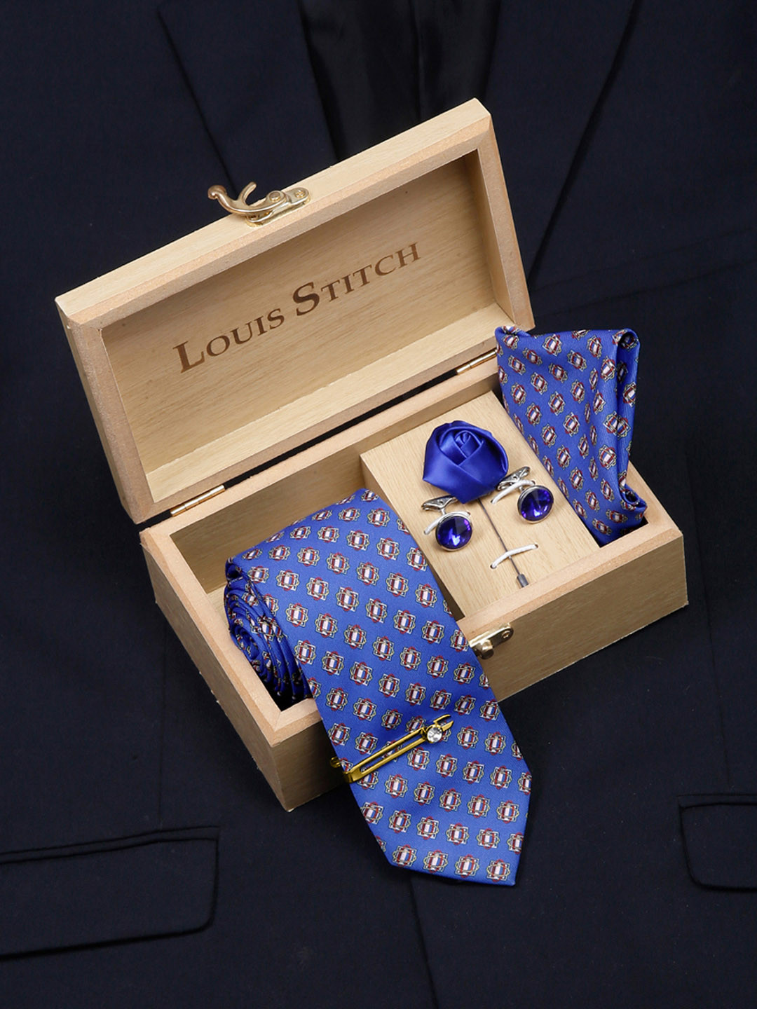 

LOUIS STITCH Men Italian Silk Formal Necktie Tie Accessory Gift Set, Blue