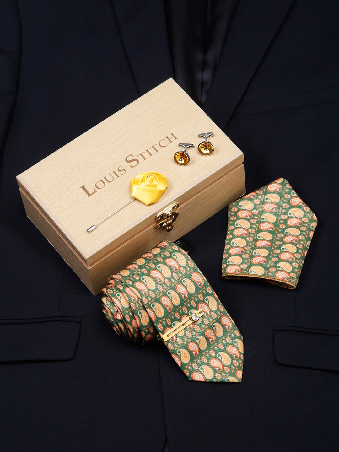 

LOUIS STITCH Men Italian Silk Formal Necktie Tie Accessory Gift Set, Green