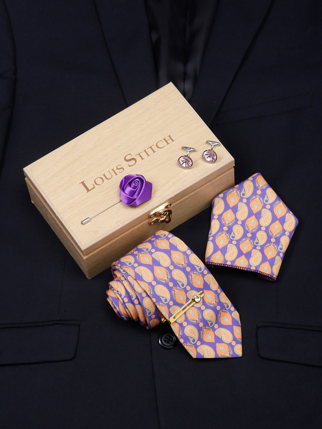 

LOUIS STITCH Men Italian Silk Formal Accessory Gift Set, Purple