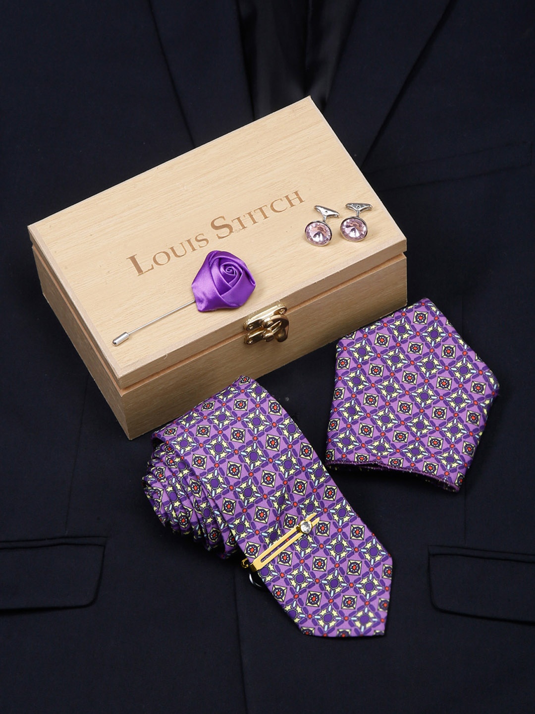 

LOUIS STITCH Men Italian Silk Formal Necktie Tie Accessory Gift Set, Purple