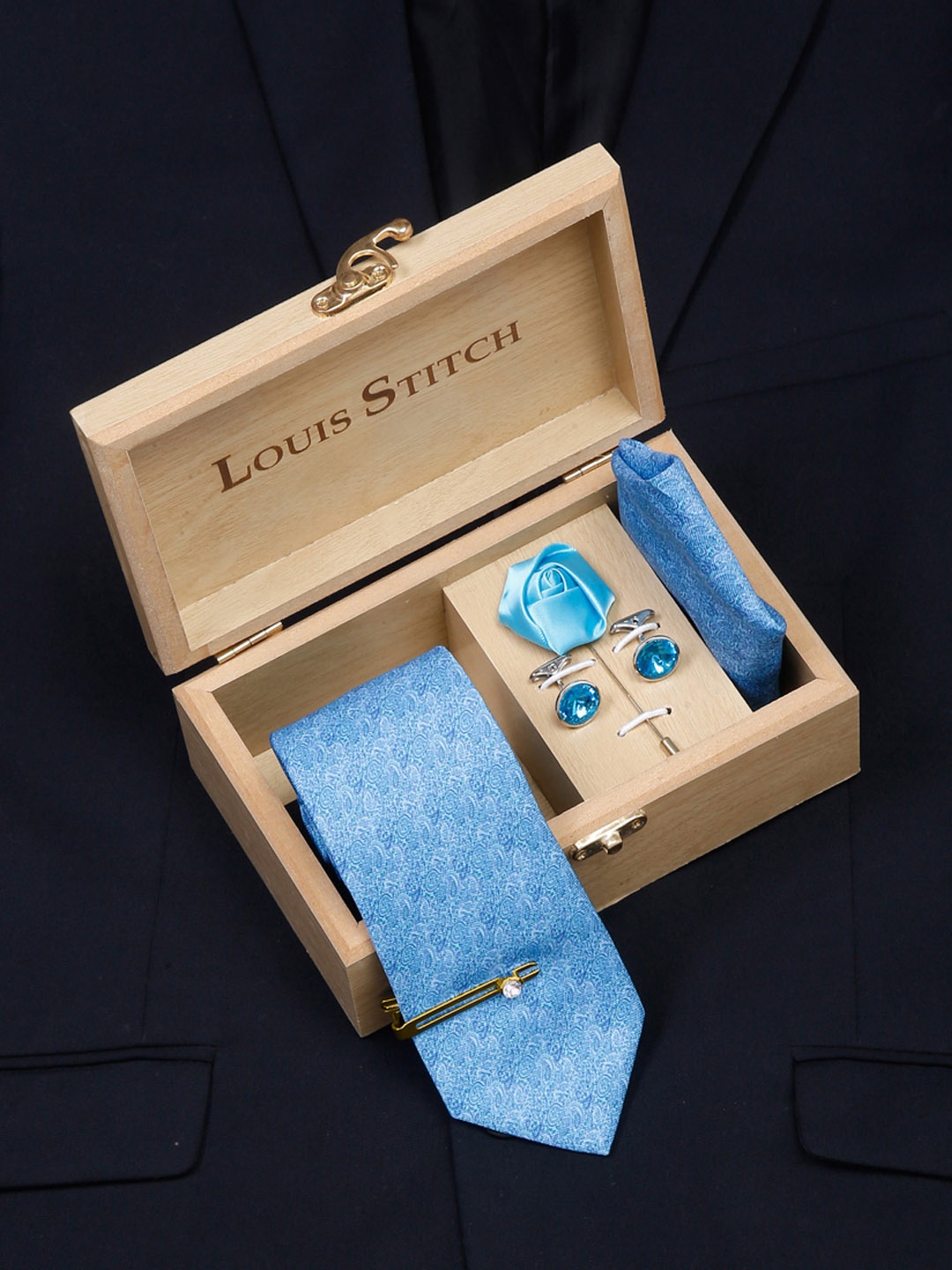 

LOUIS STITCH Men Italian Silk Formal Necktie Tie Accessory Gift Set, Blue
