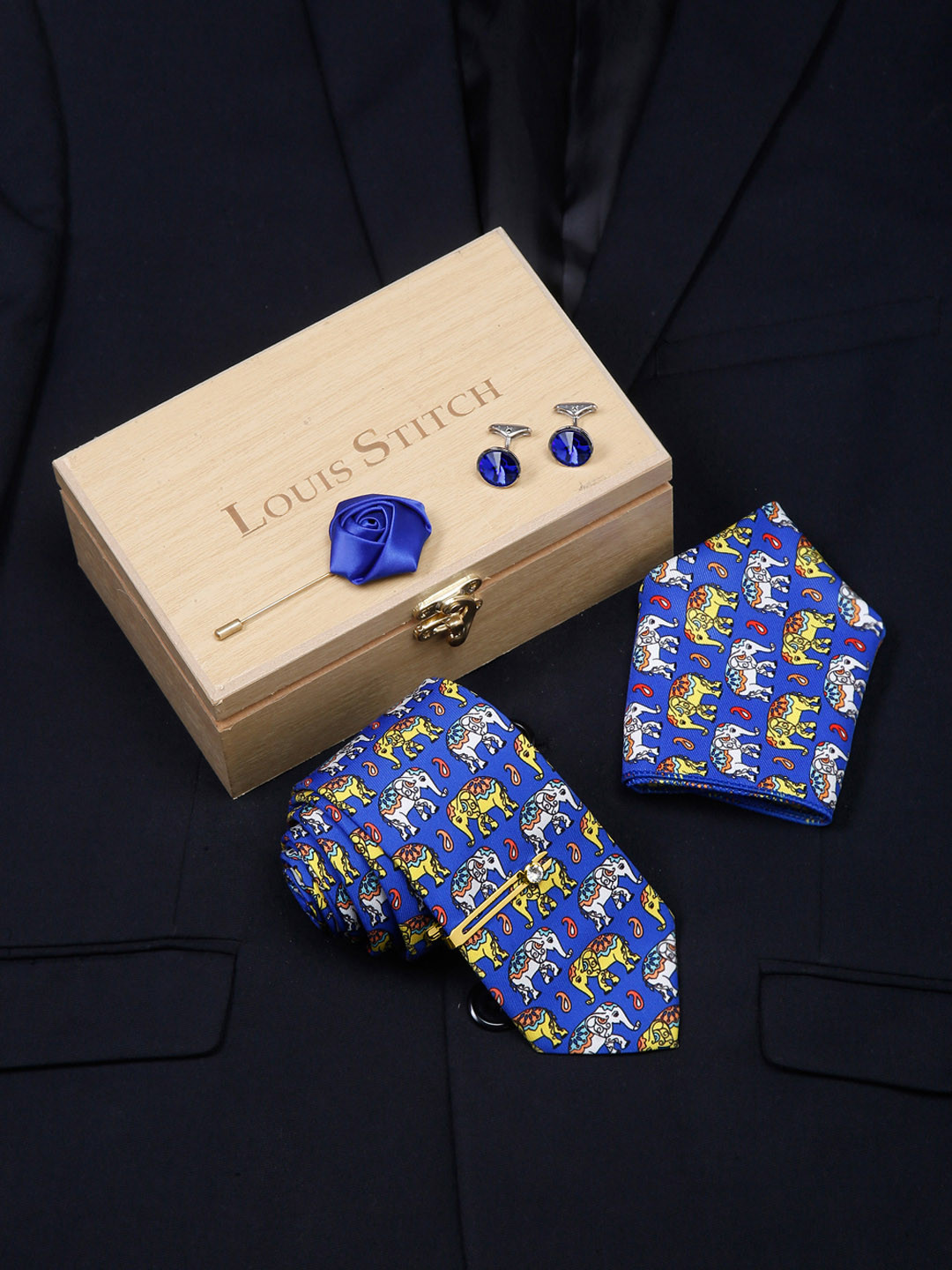 

LOUIS STITCH Men Italian Silk Formal Accessory Gift Set, Blue