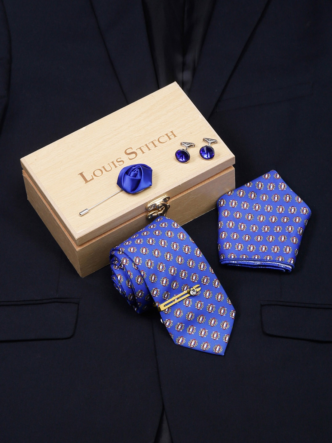 

LOUIS STITCH Men Italian Silk Formal Accessory Gift Set, Blue