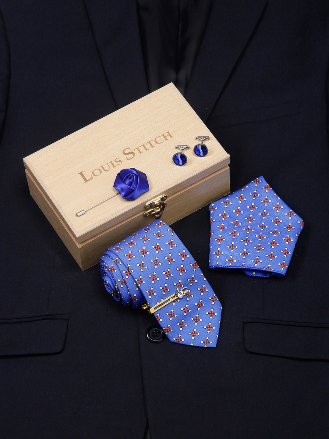 

LOUIS STITCH Men Italian Silk Formal Accessory Gift Set, Blue