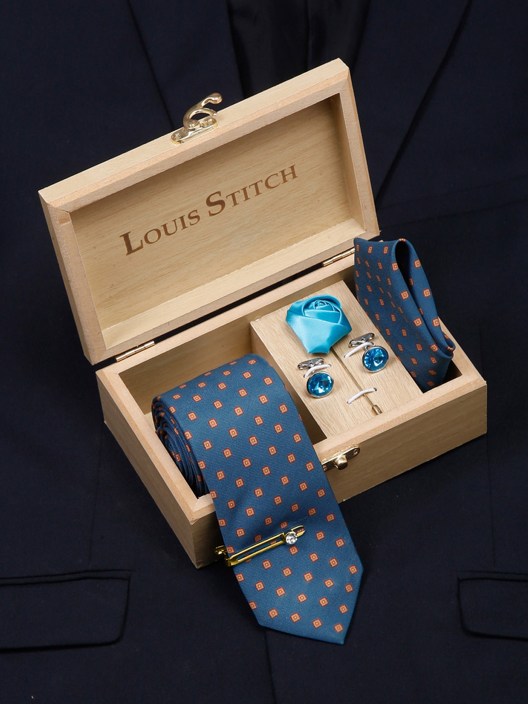 LOUIS STITCH Men Italian Silk Formal Necktie Tie Accessory Gift Set, Blue