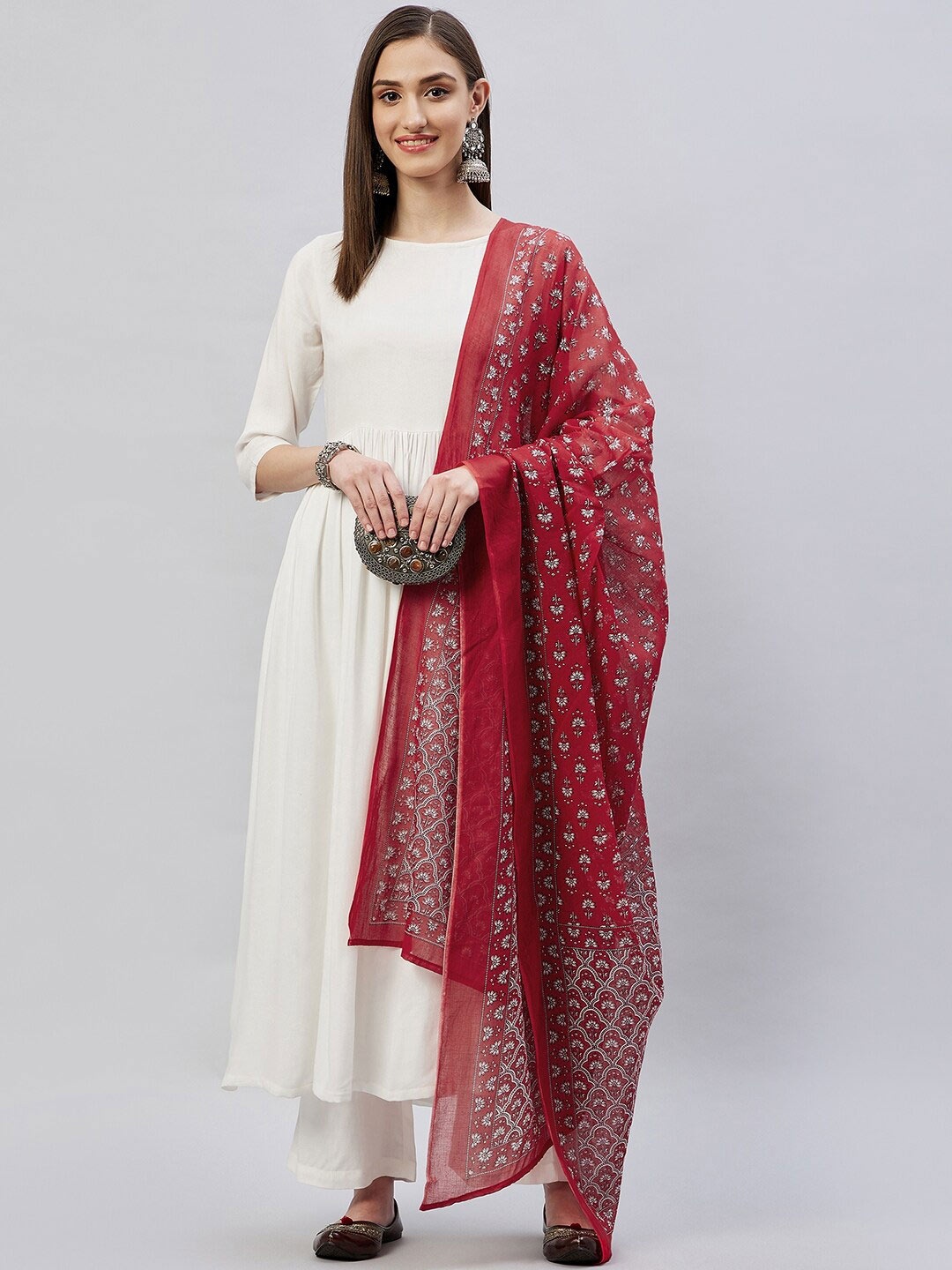 

InWeave Red & White Printed Dupatta