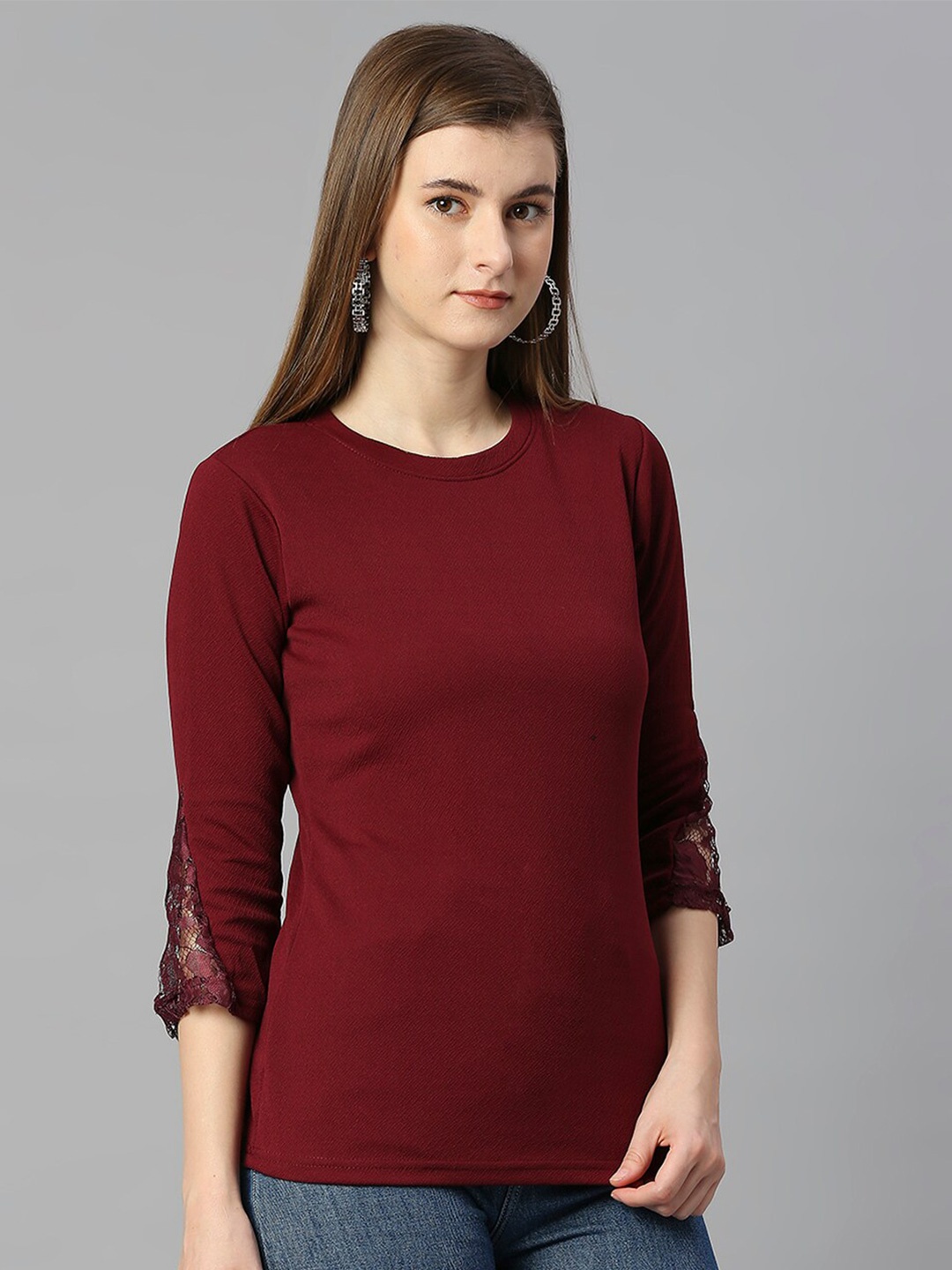 

WESTHOOD Round Neck Knitted Casual Top, Burgundy