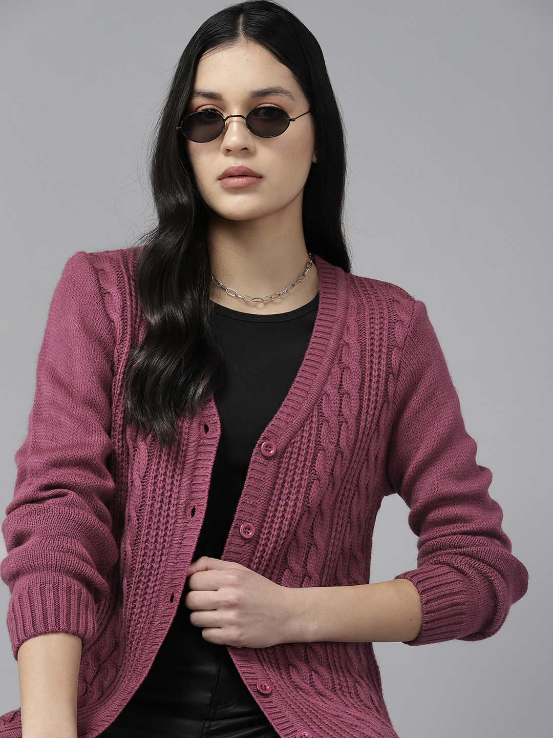 

Roadster Women Cable Knit Longline Cardigan, Purple