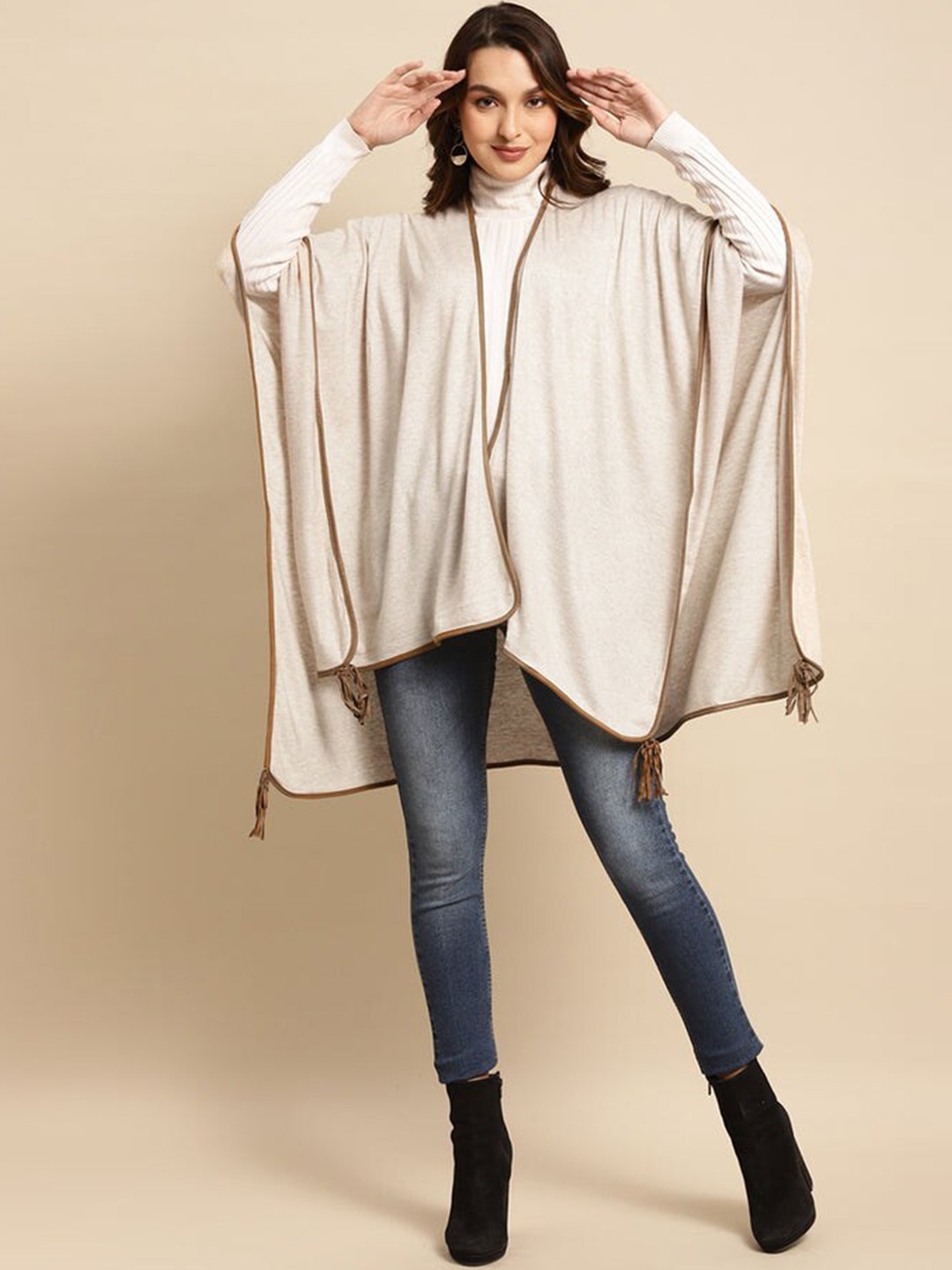 

Lakshita Women Striped Longline Open Front Jacket, Cream