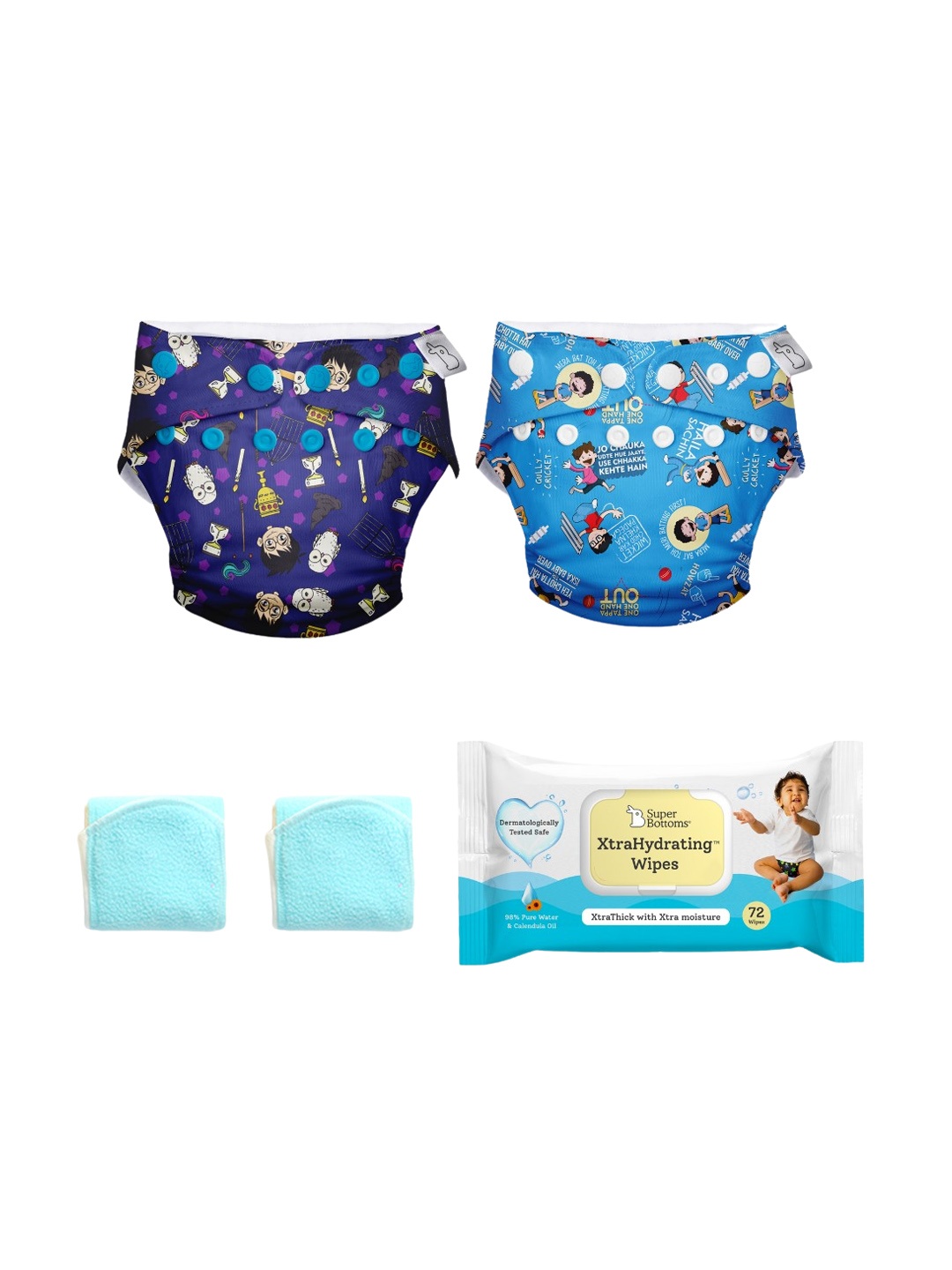 

SuperBottoms Infant Set Of 2 Organic Cotton SuperDryFeel Diapers & XtraHydrating Wipes, Blue