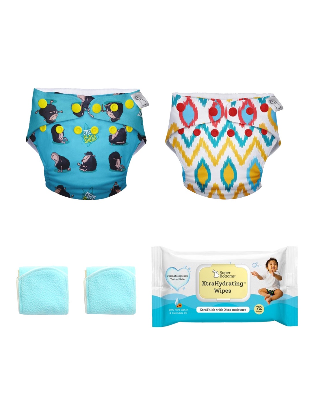 

SuperBottoms Infant Set Of 2 Organic Cotton SuperDryFeel Diapers & XtraHydrating Wipes, Blue