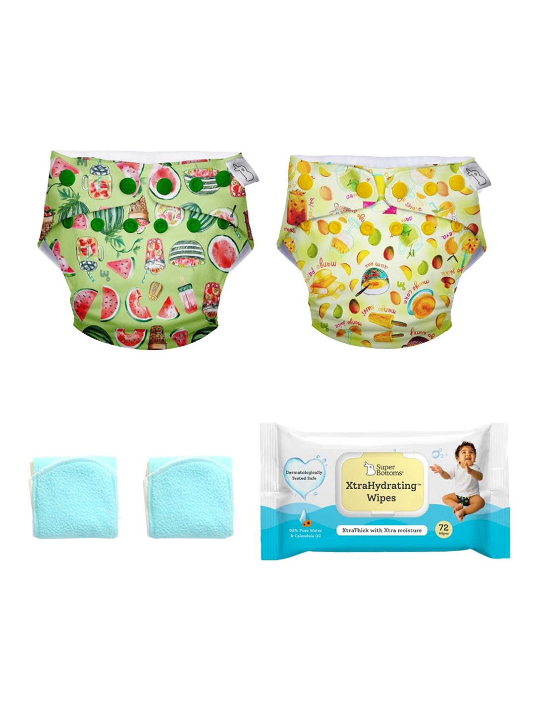 

SuperBottoms Infant Set Of 2 Organic Cotton SuperDryFeel Diapers & XtraHydrating Wipes, Green