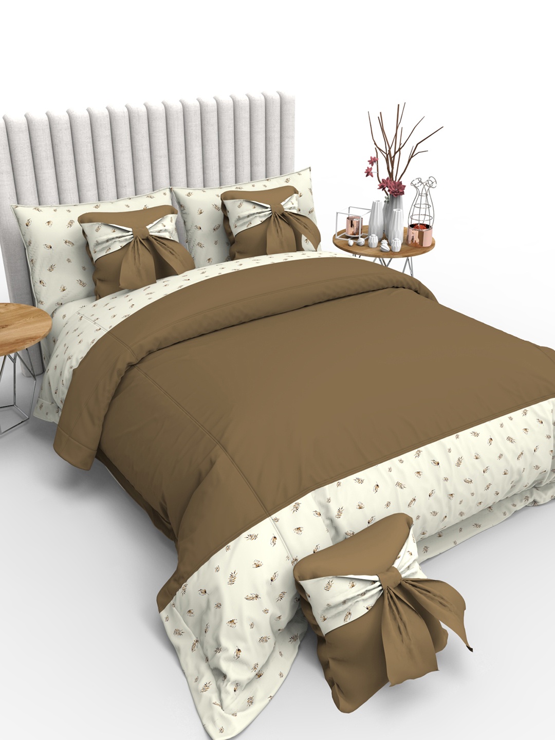 

THE WHITE MOSS Brown Printed Cotton Double King 6-Piece Bedding Set