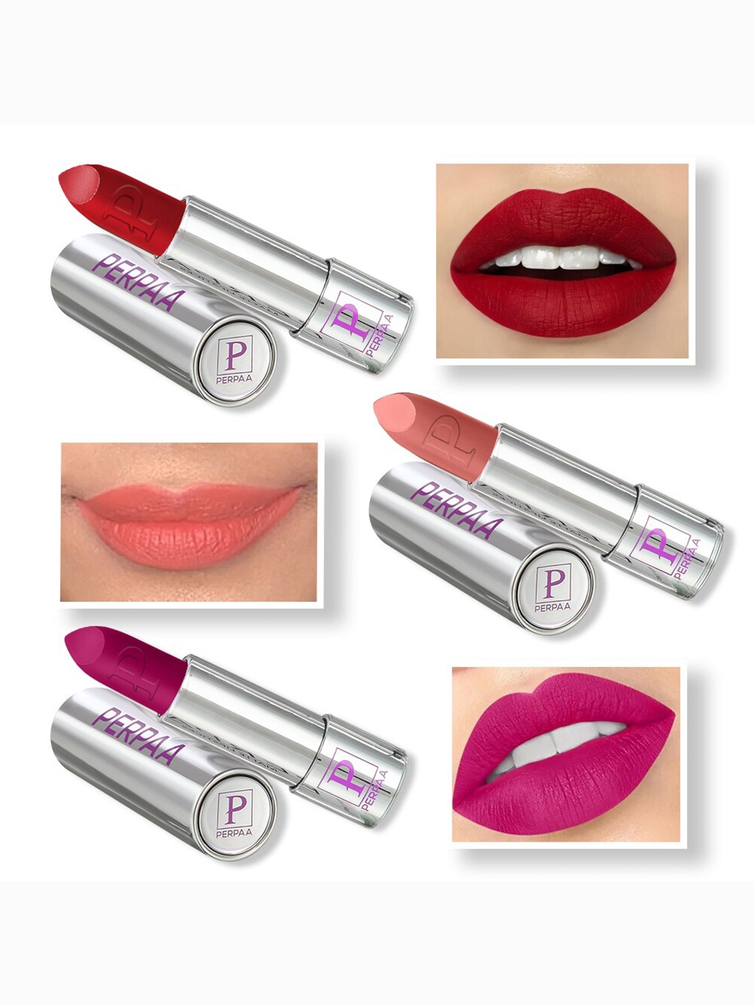 

PERPAA Set of 3 Highly Pigmented & Weightless Matte Lipstick 3.5 g Each - 158, 162, 196, Pink