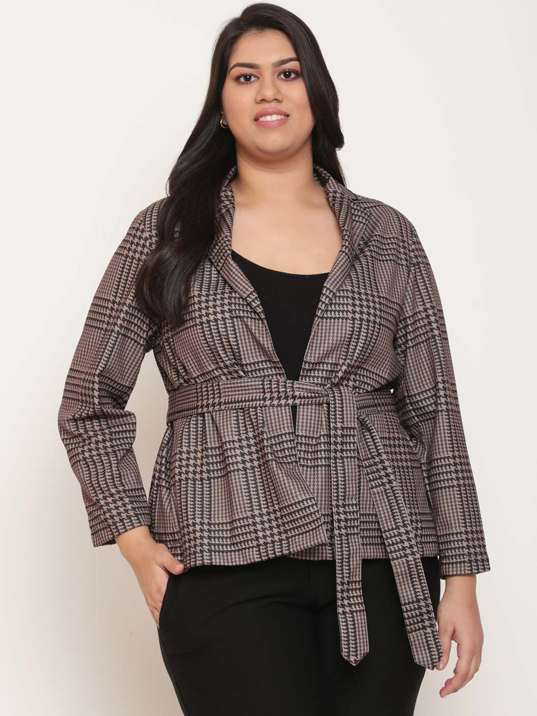 

Amydus Women Plus Size Houndstooth Checkered Casual Blazer, Brown