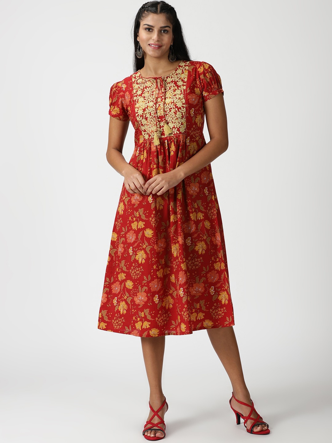 

Saffron Threads Women Floral Printed Pure Cotton Ethnic Dresses, Red