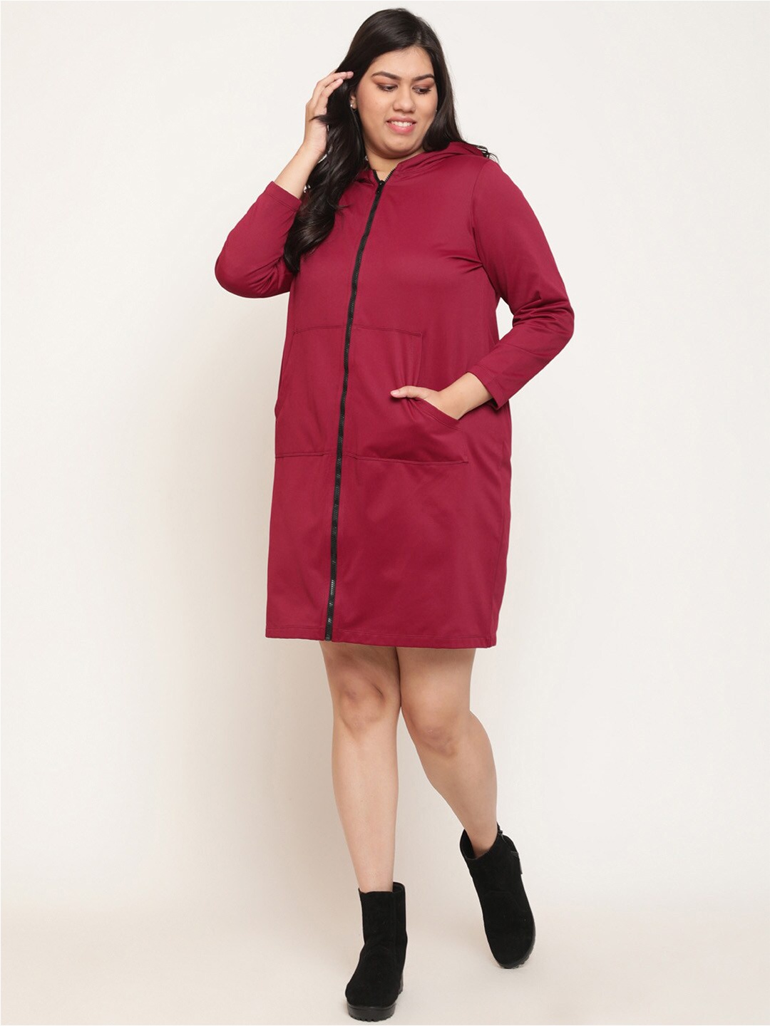 

Amydus Plus Size Wool Hooded T-shirt Dress, Maroon