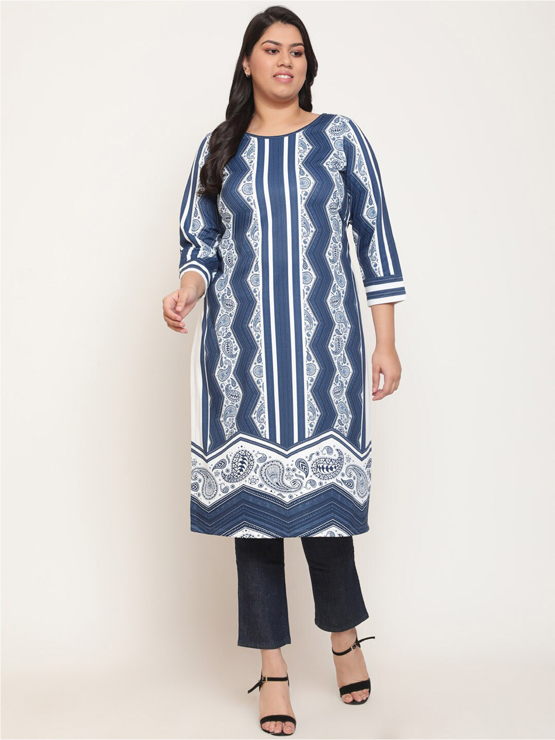 

Amydus Plus Size Blue Chevron Printed Wool Kurta