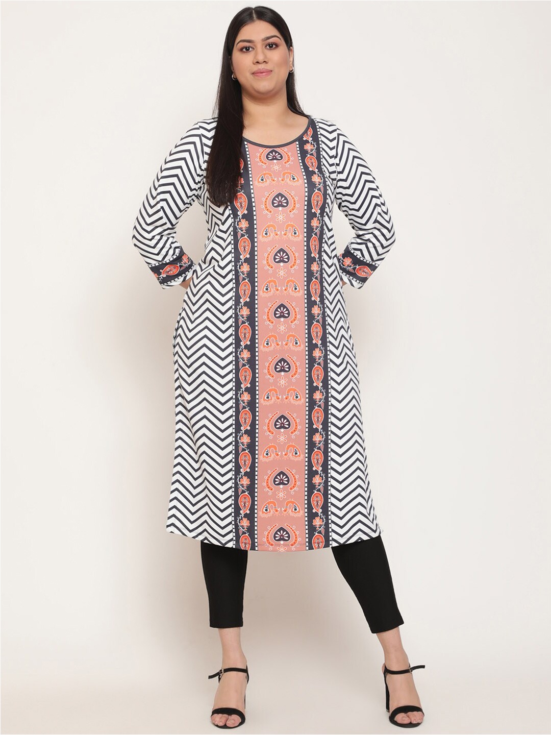 

Amydus Plus Size Chevron Printed Wool Kurta, White