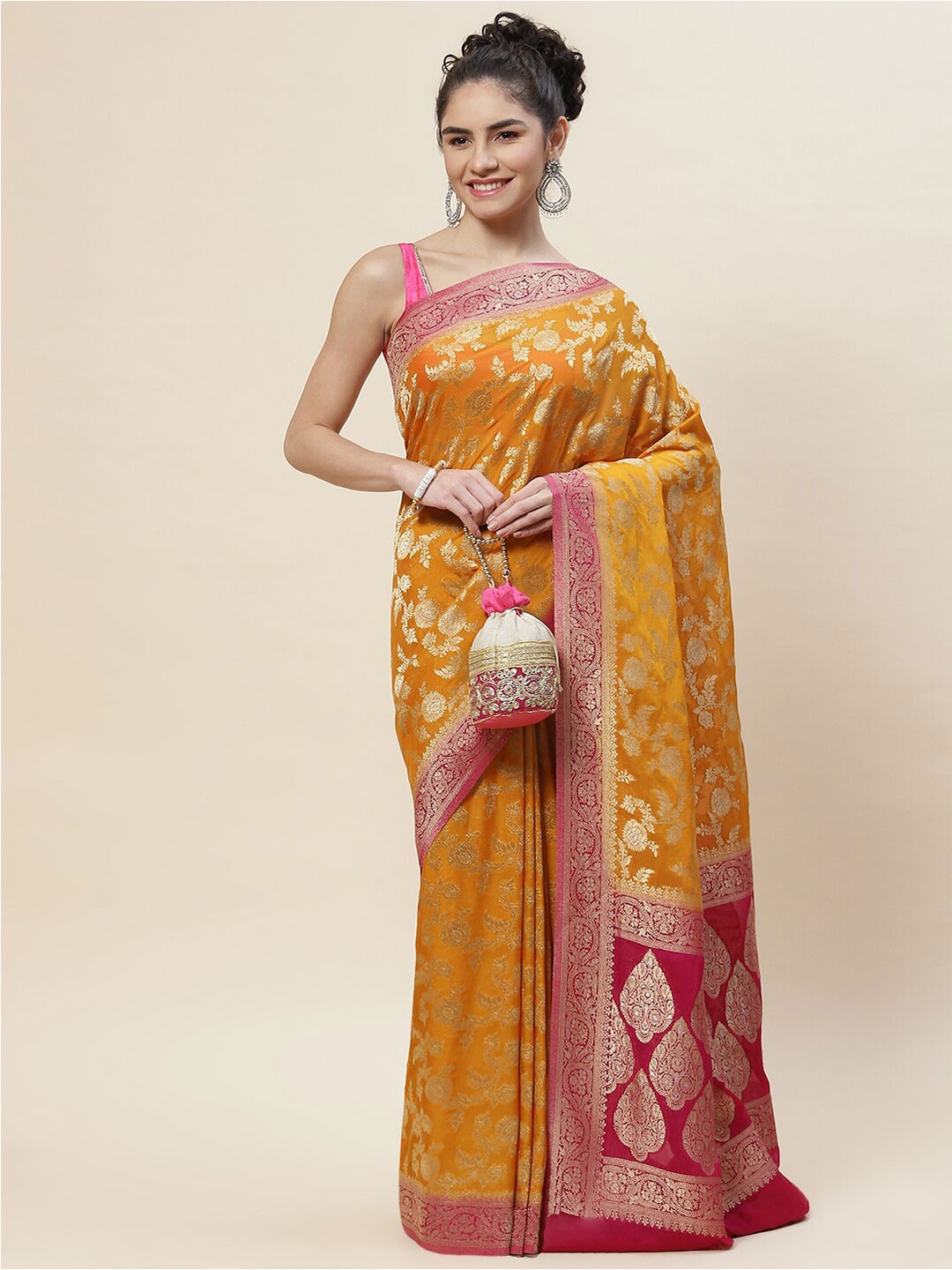 

Meena Bazaar Floral Zari Georgette Saree, Mustard