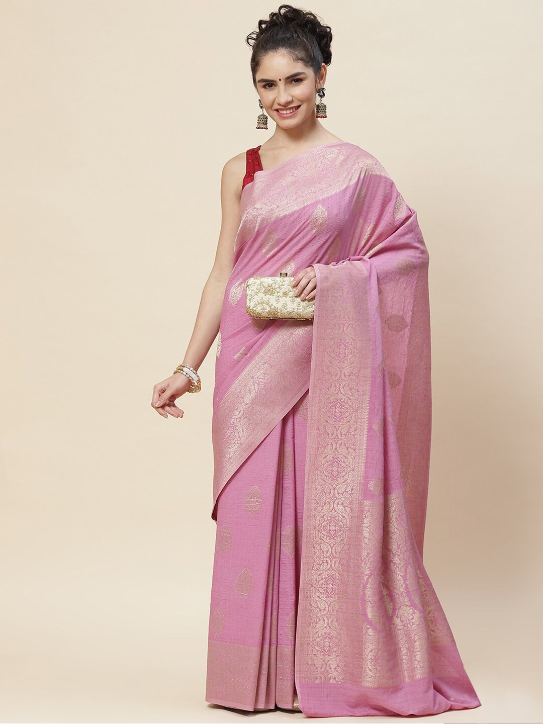 

Meena Bazaar Woven Design Zari Art Silk Tussar Saree, Pink